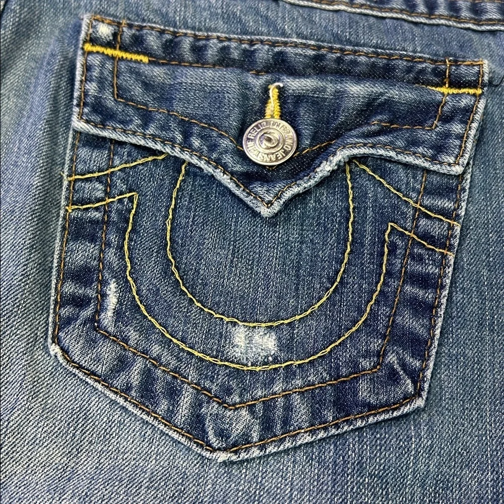 Vintage True Religion Y2K USA Made Raw Hem Blue Distressed Denim Mini Skirt | 31